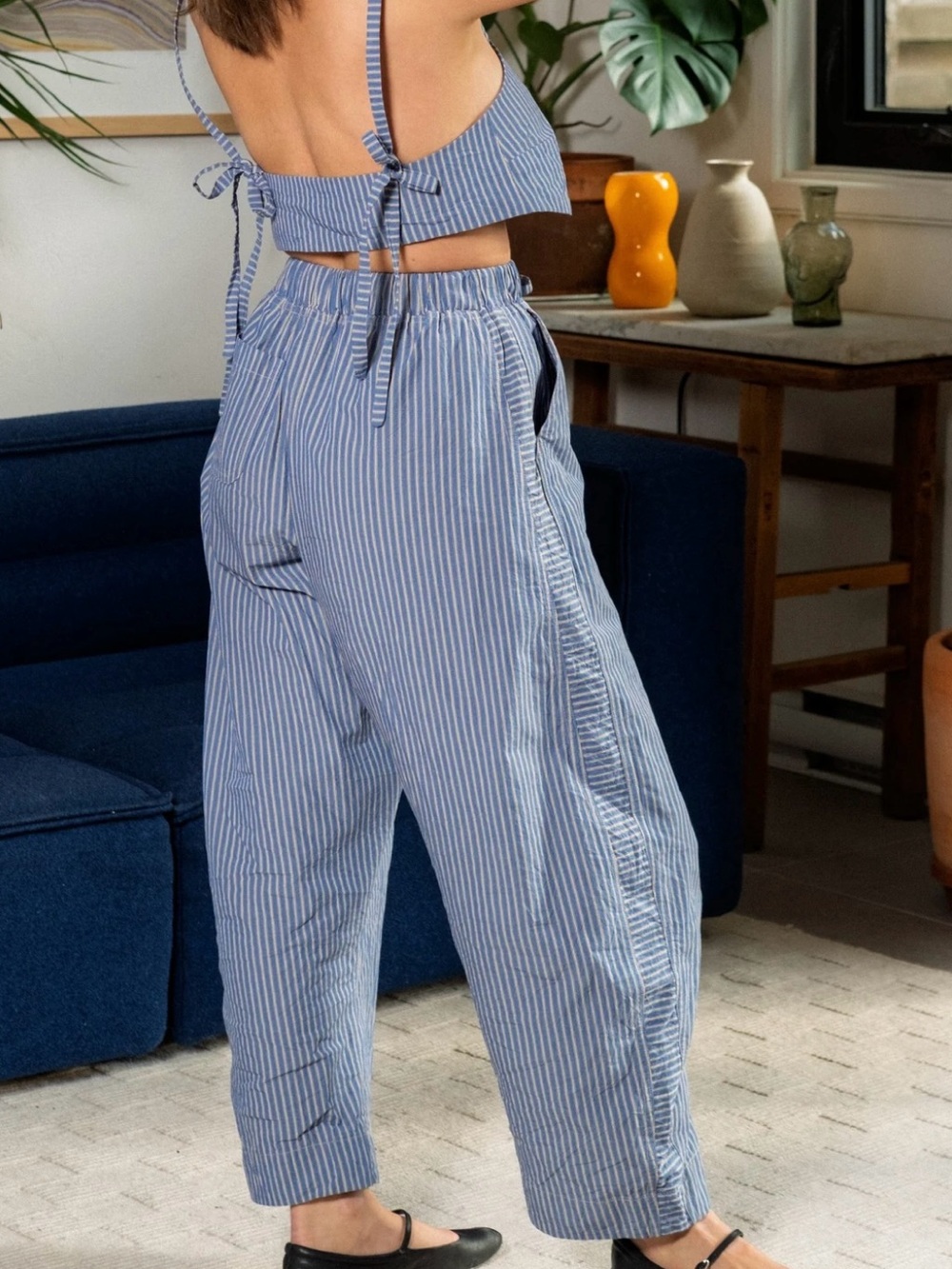 Shelter Clothing Jules pant. l/XL Striped Blue High-Waist Cropped Pants